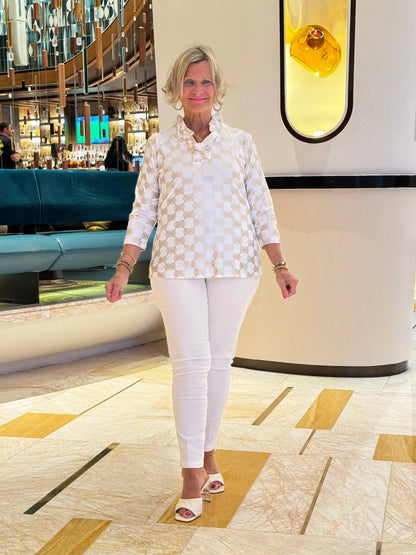 HOLIDAY GOLD AND WHITE RUFFLE TOP