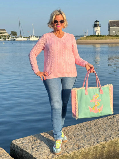 EMBROIDERED ANCHOR
PATCH FRINGE TOTE BAG.