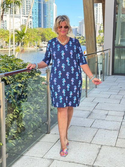 LULU B MIDNIGHT REEF ELBOW SLEEVE DRESS