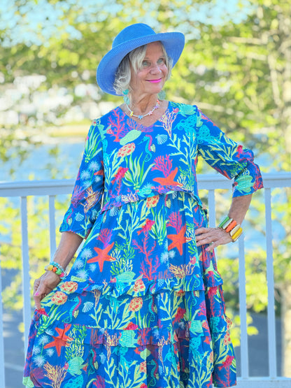 CORAL GARDEN RUFFLE V Neck DRESS