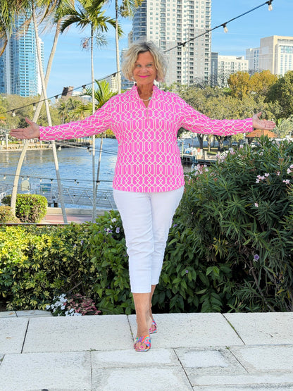 LULU B PALM BEACH LATTICE HALF ZIPPER TOP