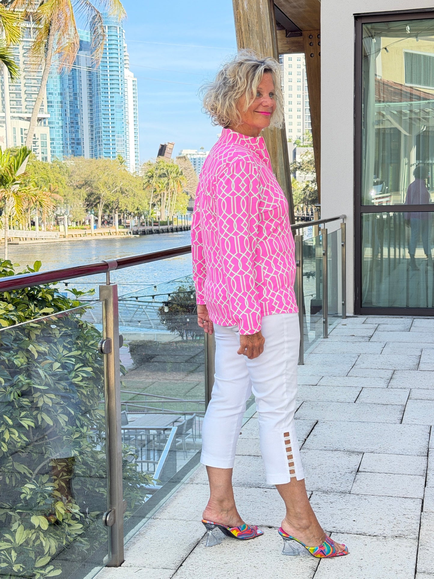 LULU B PALM BEACH LATTICE HALF ZIPPER TOP