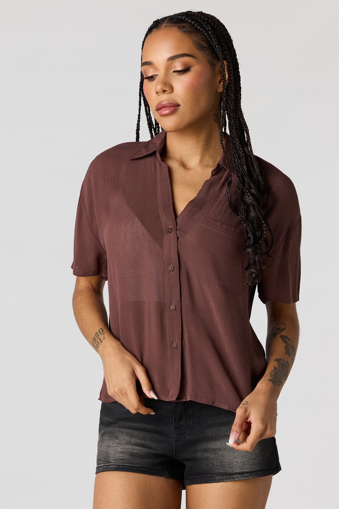 Textured Button-Up Short Sleeve Top