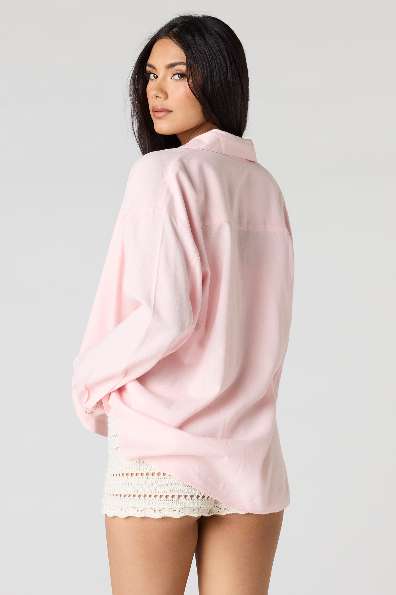 Linen-Blend Long Sleeve Button-Up Top