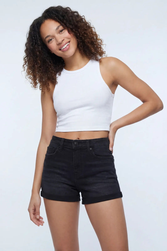 Stretch High Rise Black Denim Short