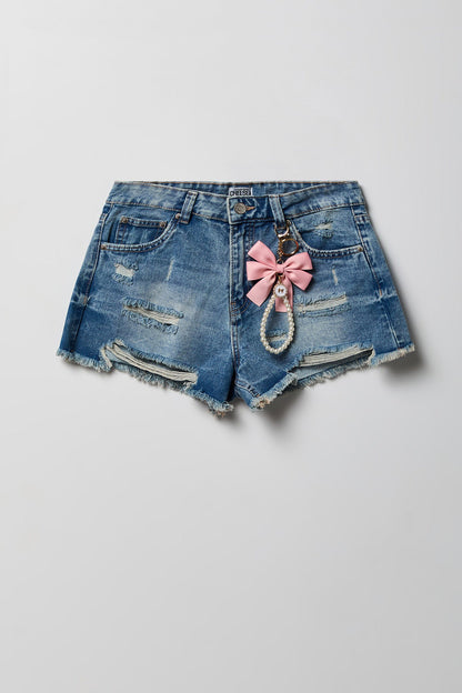 Ripped High Rise Medium Denim Short with Keychain
