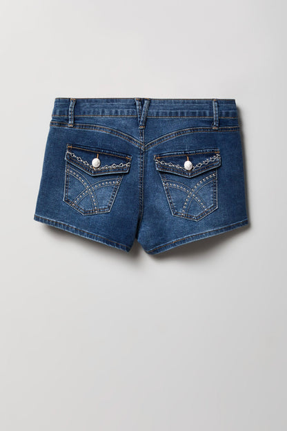 Stretch Mid Rise Rhinestone Detail Denim Short