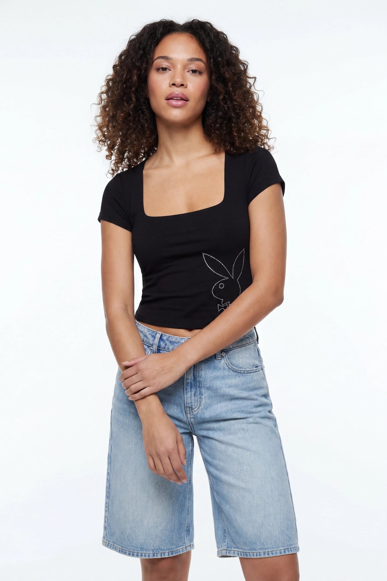 Soft Contour Playboy Rhinestone Square Neck T-Shirt