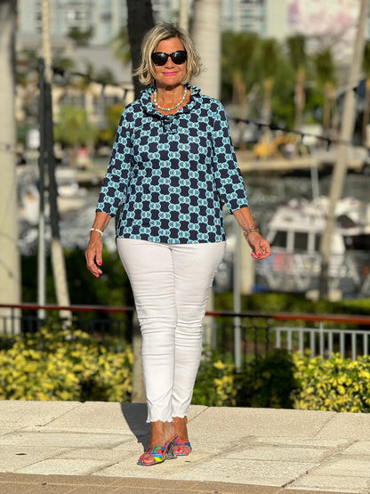 BLUE MEDALLION RUFFLE SLEEVE TOP