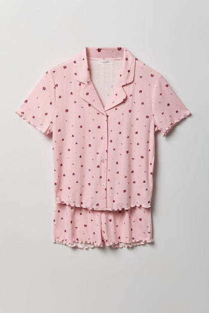 Pointelle Button-Up Top & Short Pajama Set
