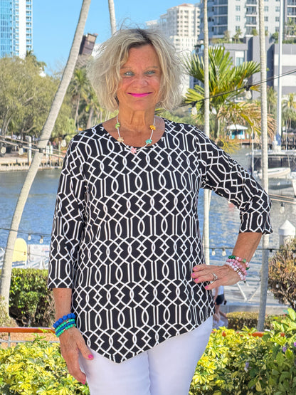 LULU B MIDNIGHT TRELLIS ASYMMETRIC TOP