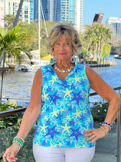 LULU B STARFISH SPLASH SLEEVELESS RUFFLE TOP