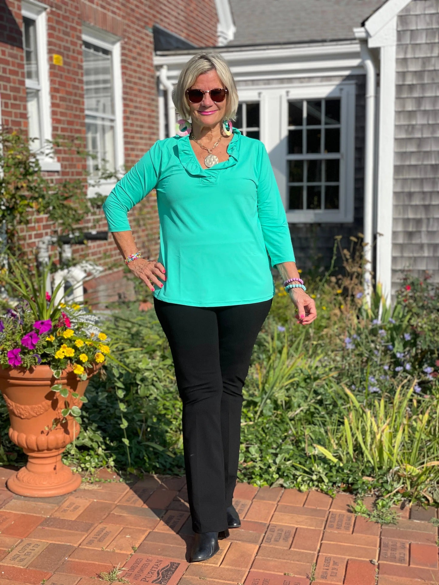 LULU-B SOLID MINT RUFFLE TOP