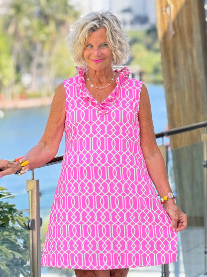 LULU B PALM BEACH LATTICE RUFFLE DRESS