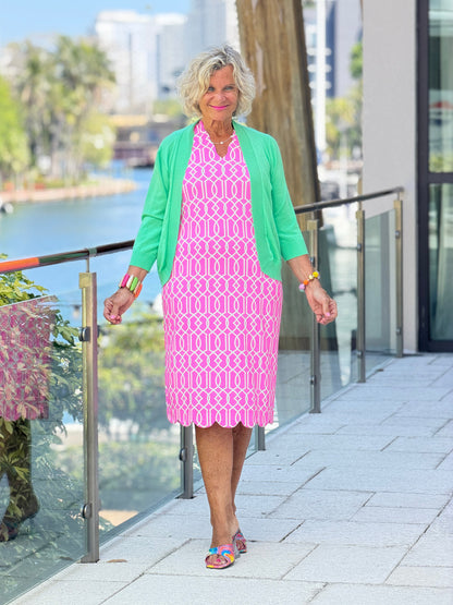 LULU B PALM BEACH LATTICE SCALLOP MIDDY DRESS