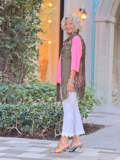 Cropped Flare Twill Jeans With Floral Lace Hem
