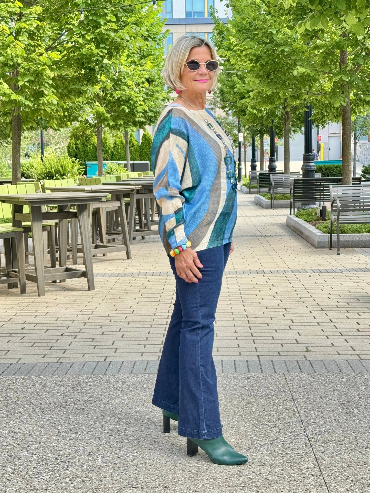 Green Abstract Round Knit Printed Sweate