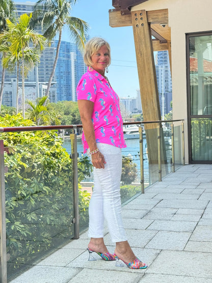 LULU B SEAHORSE BAY SHORT SLEEVE V-NECK COLLAR TOP