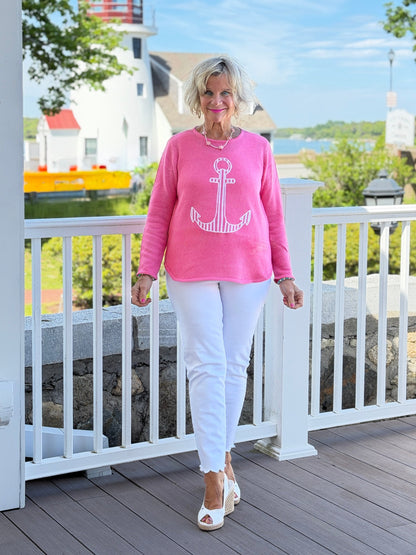 DOCKSIDE NAUTICAL PINK STRIPE ANCHOR SWEATER