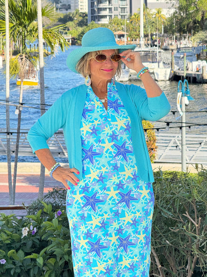 LULU B STARFISH SPLASH MIDI SLEEVELESS 1/4 ZIP MAXI DRESS