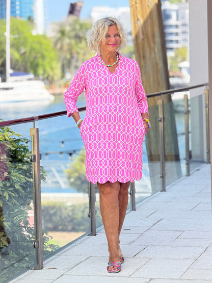 LULU B PALM BEACH LATTICE SCALLOP SLEEVE DRESS