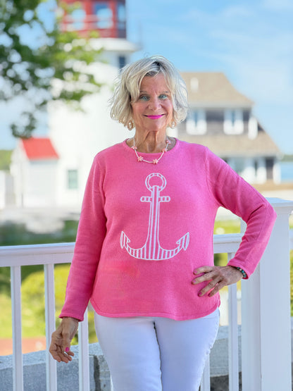 DOCKSIDE NAUTICAL PINK STRIPE ANCHOR SWEATER