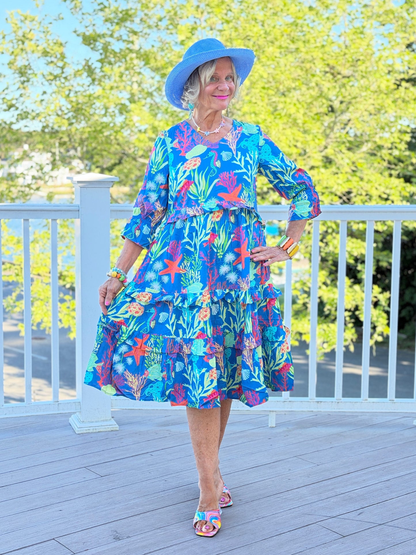 CORAL GARDEN RUFFLE V Neck DRESS