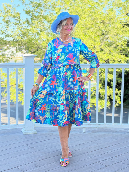 CORAL GARDEN RUFFLE V Neck DRESS