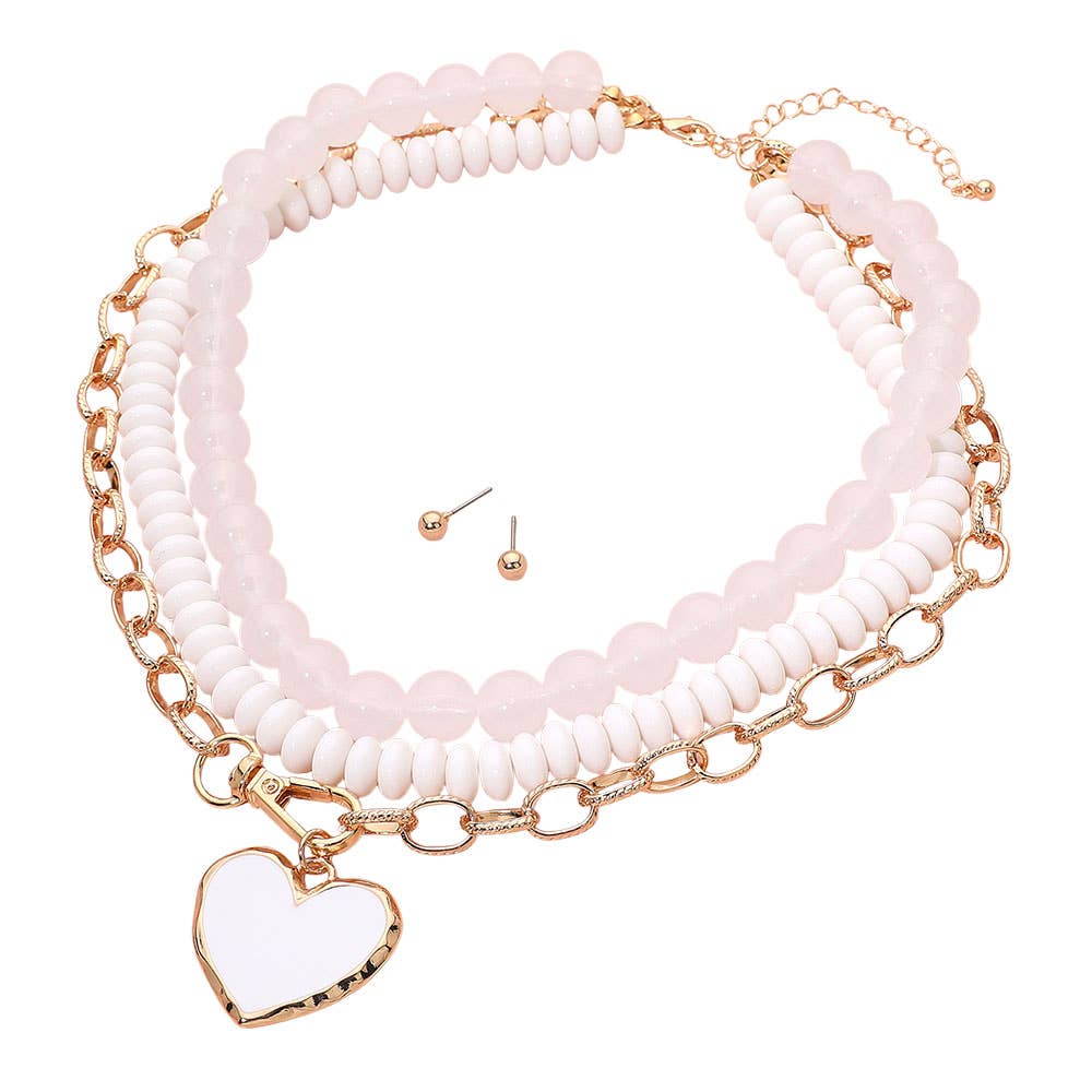 Enamel Heart Pendant Accent Chunky Beaded Layered Statement Necklace