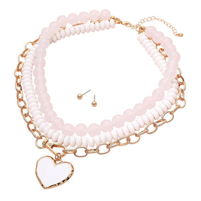 Enamel Heart Pendant Accent Chunky Beaded Layered Statement Necklace