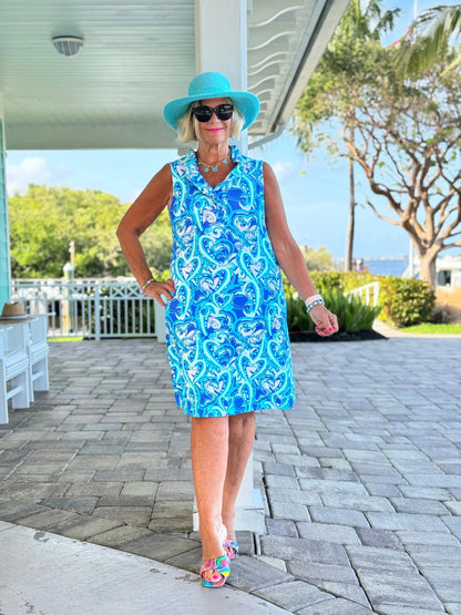 BLUE DREAMING HEARTS RUFFLE DRESS