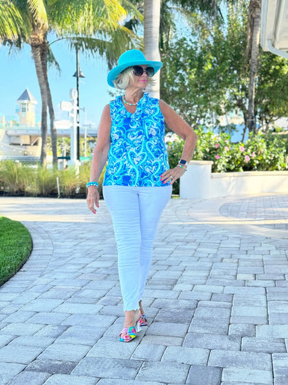 BLUE DREAMING HEARTS SLEEVELESS RUFFLE TOP