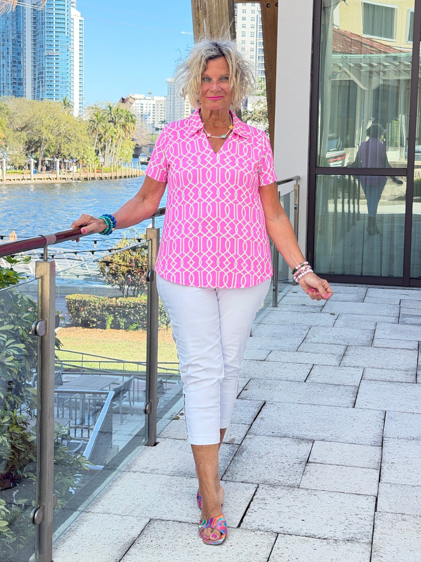 LULU B PALM BEACH LATTIC COLLAR SHORT SLEEVE