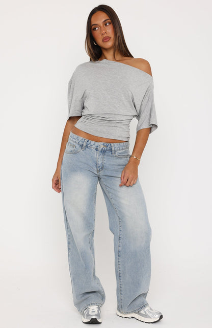 Hype Girl Cinched Waist Off Shoulder Top Grey Marle