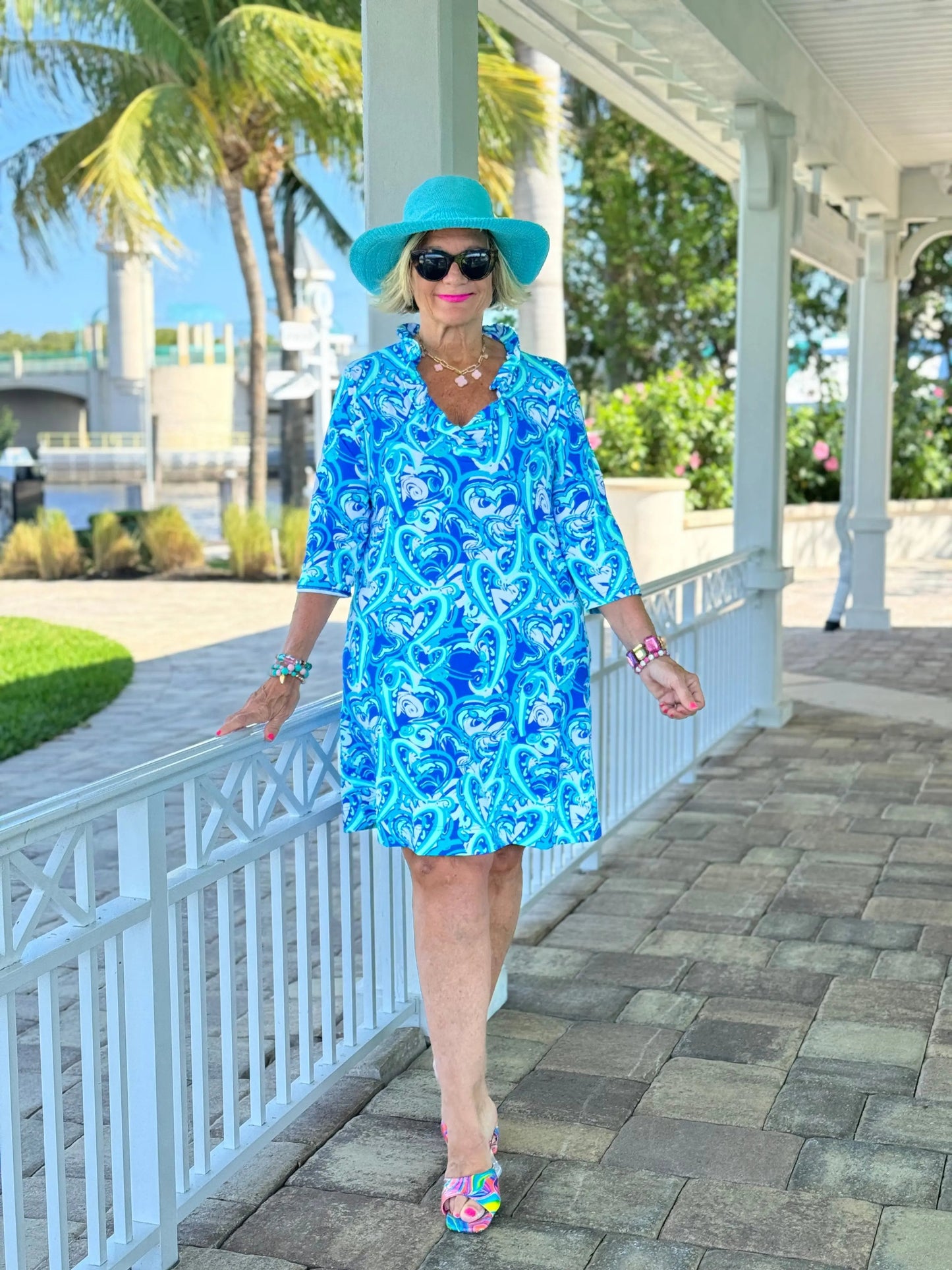 BLUE DREAMING HEART RUFFLE NECK DRESS