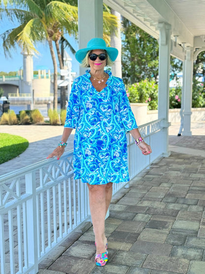 BLUE DREAMING HEART RUFFLE NECK DRESS