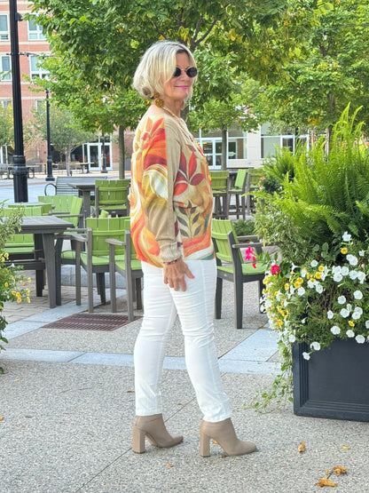 Cream Fall Leaves Round Neck Knit Printed Sweater