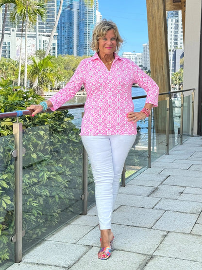LULU B TROPIC PETALS 3/4 SLEEVE V-NECK COLLAR SHIRT