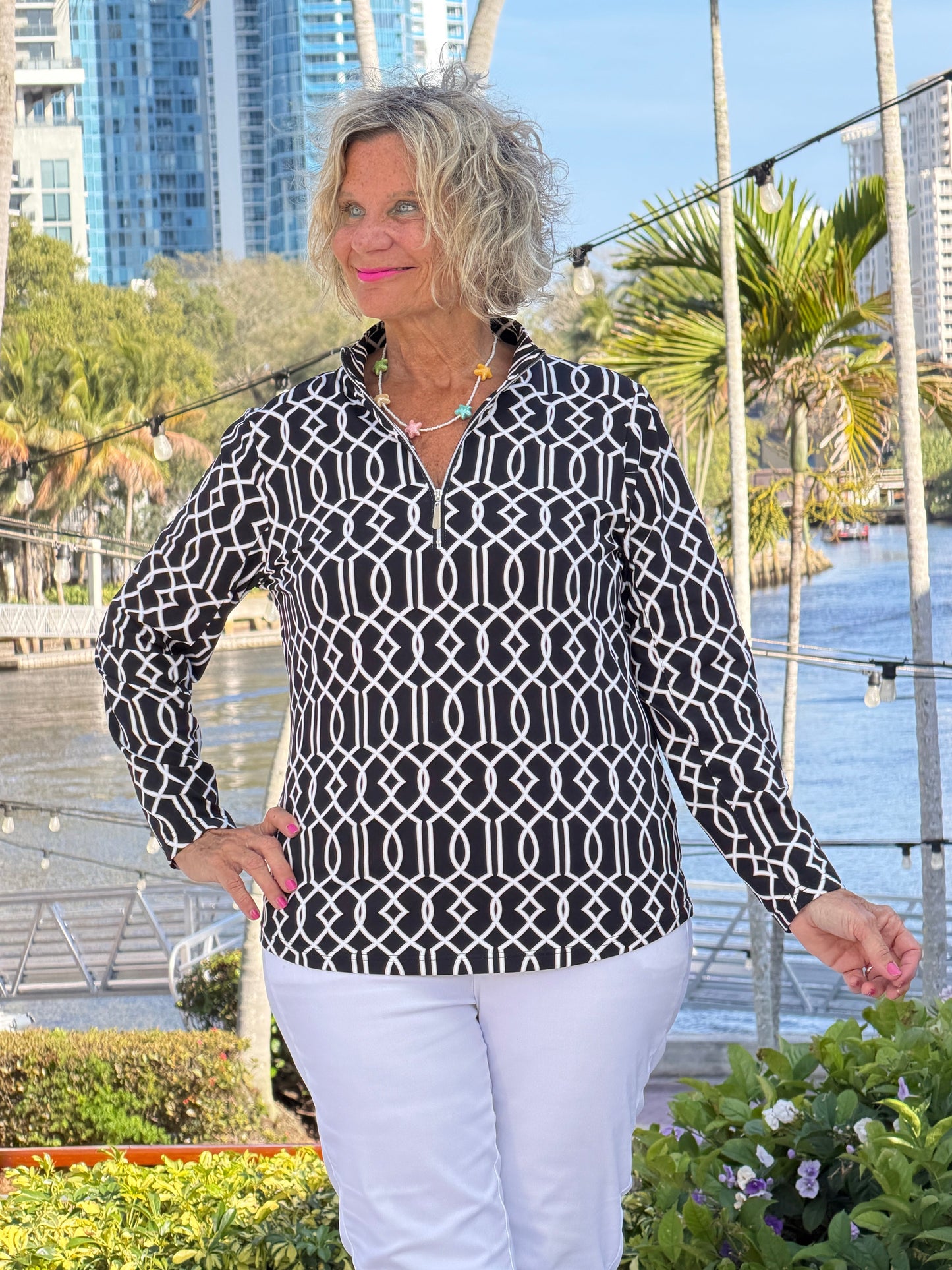 LULU B MIDNIGHT TRELLIS HALF ZIPPER TOP
