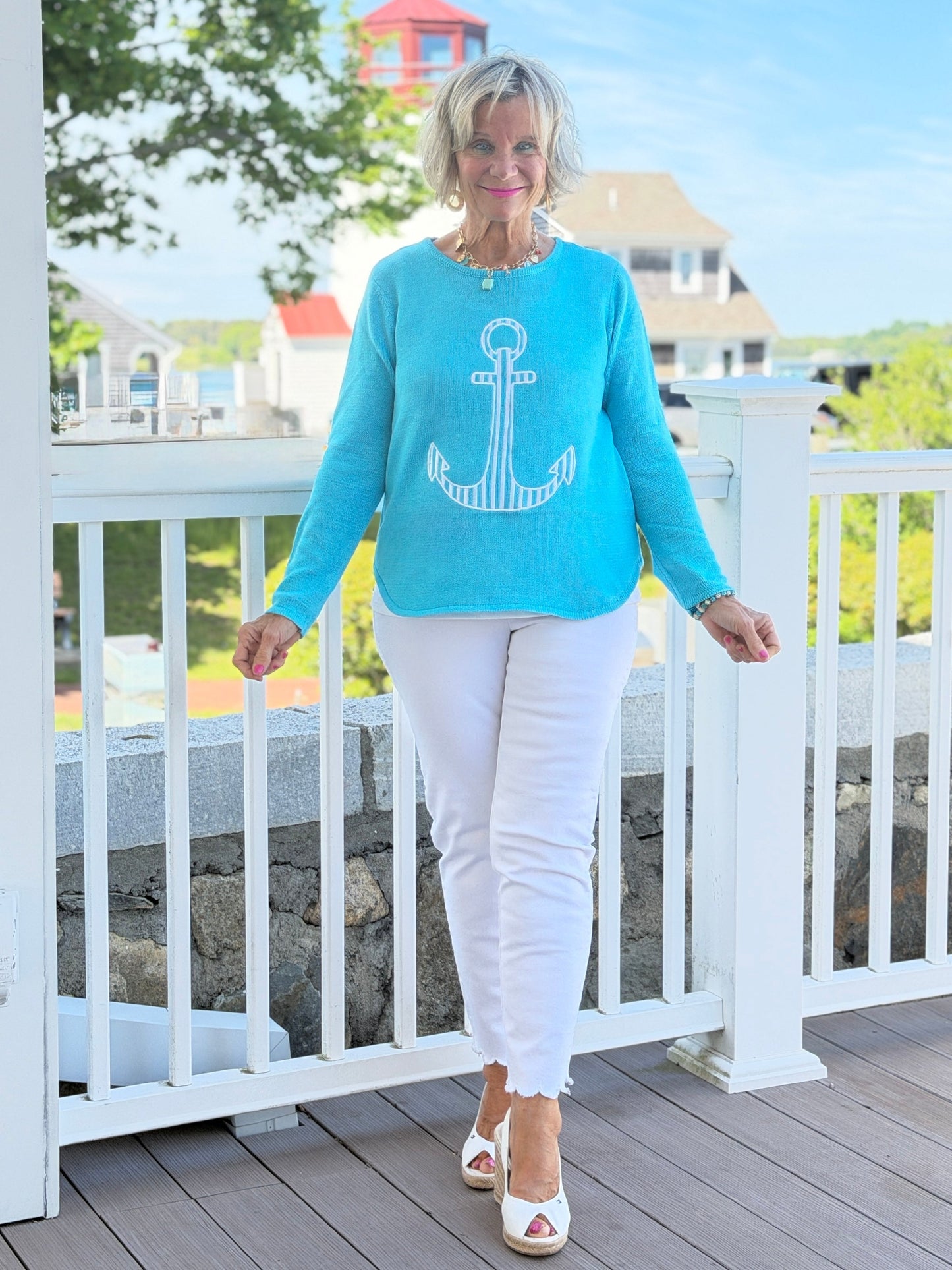 DOCKSIDE NAUTICAL AQUA STRIPE ANCHOR SWEATER