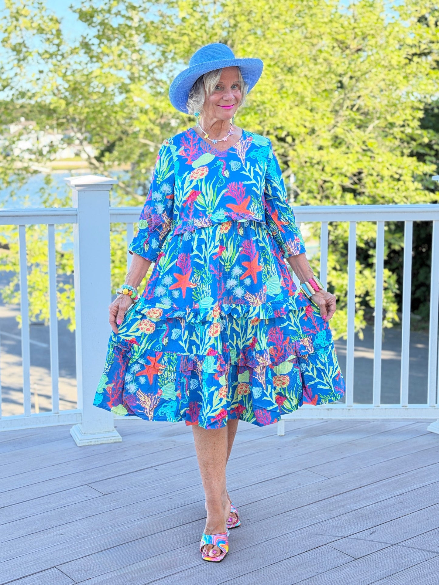 CORAL GARDEN RUFFLE V Neck DRESS