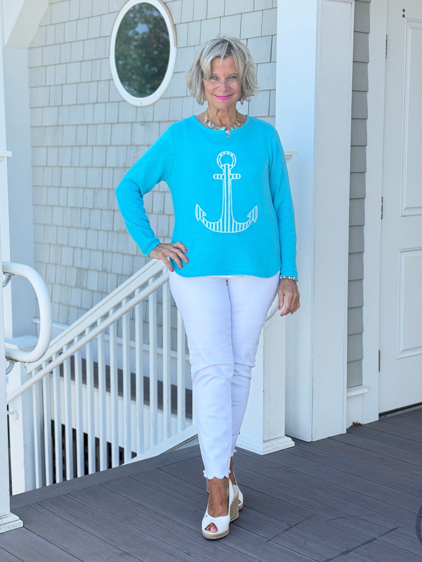 DOCKSIDE NAUTICAL AQUA STRIPE ANCHOR SWEATER