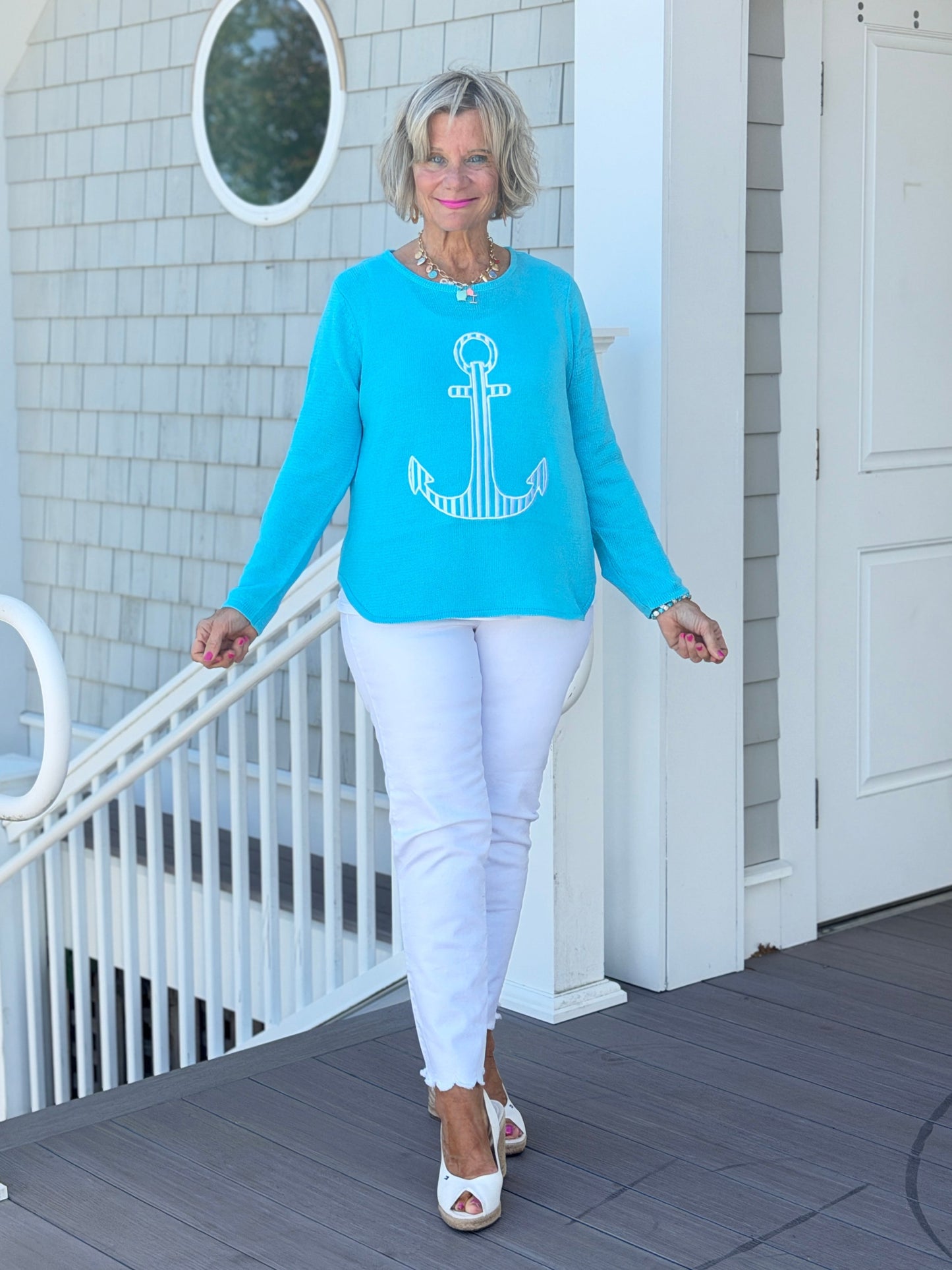 DOCKSIDE NAUTICAL AQUA STRIPE ANCHOR SWEATER