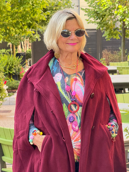 BURGUNDY Womens Cape Poncho Coat