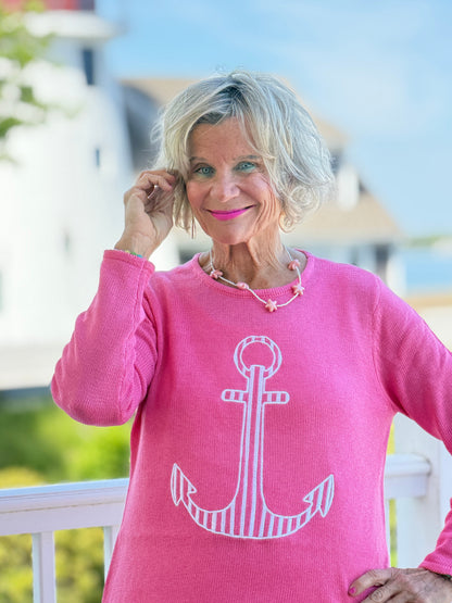 DOCKSIDE NAUTICAL PINK STRIPE ANCHOR SWEATER