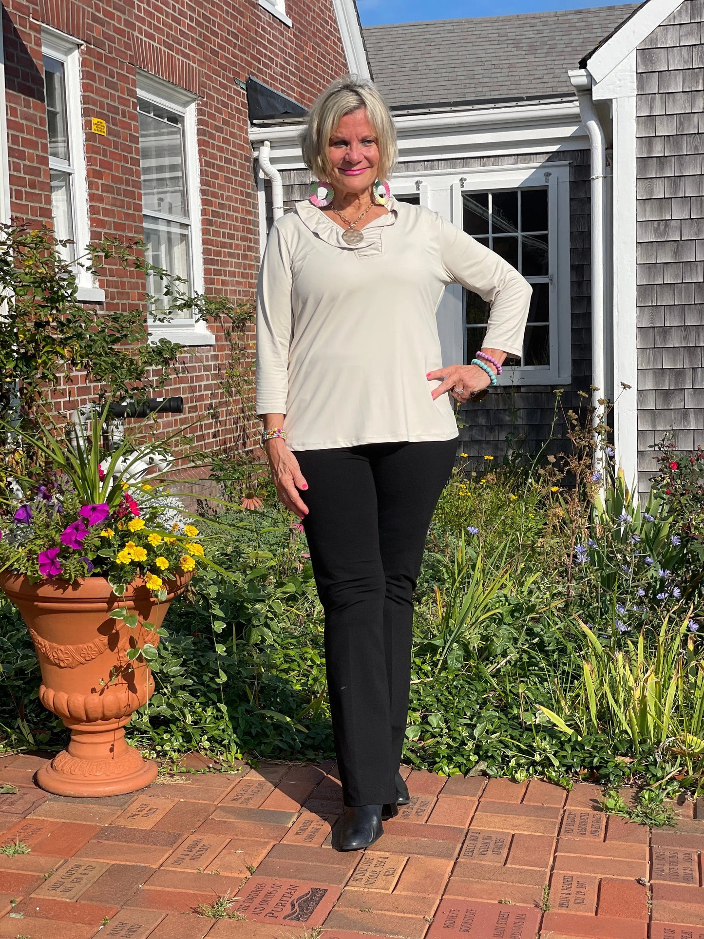 LULU-B SOLID STONE RUFFLE TOP