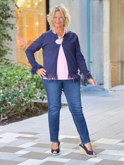 LULU-B NAVY CASHMERE FRINGE FANCY CARDIGAN