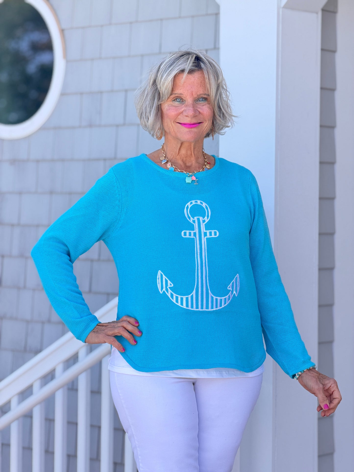 DOCKSIDE NAUTICAL AQUA STRIPE ANCHOR SWEATER