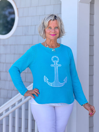 DOCKSIDE NAUTICAL AQUA STRIPE ANCHOR SWEATER