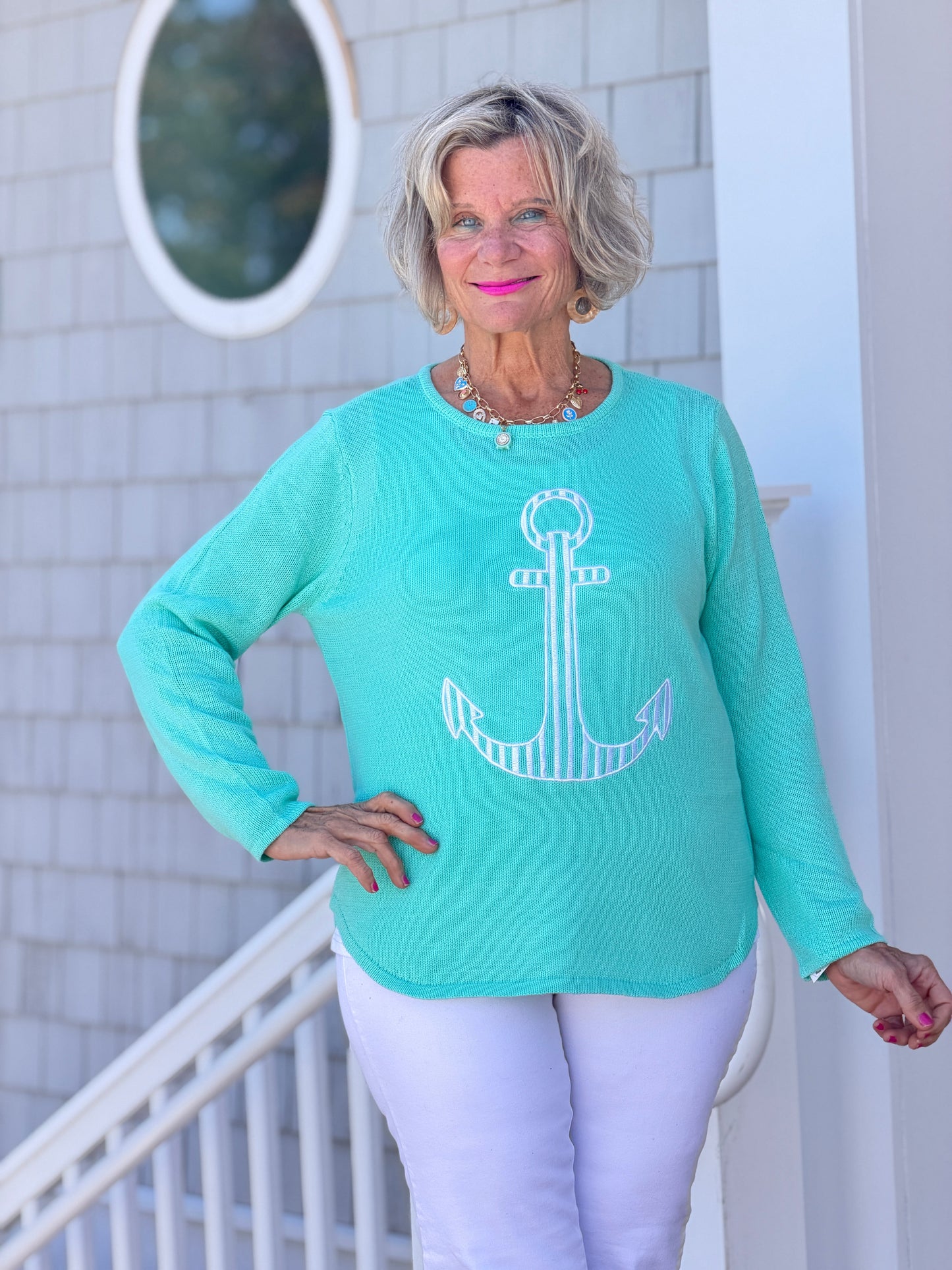 DOCKSIDE NAUTICAL SEAFOAM NAUTICAL STRIPE SWEATER